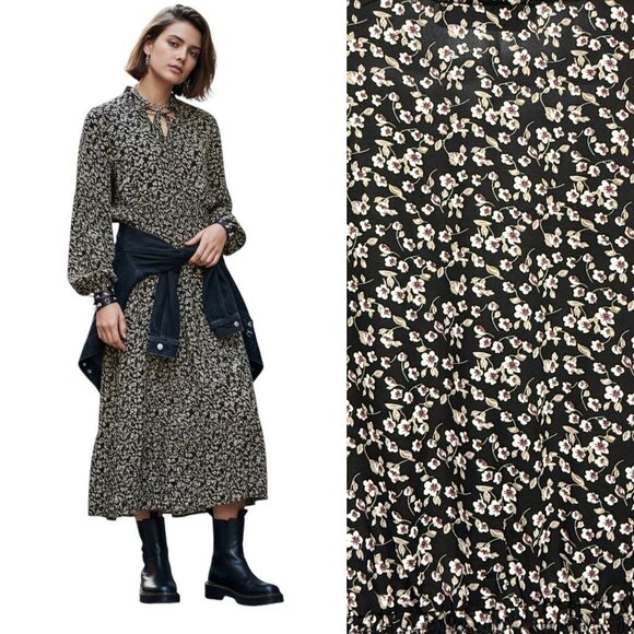 Liumilac Dresses & Skirts - Liumilac Ditsy Floral Midi Dress Prairie Peasant Boho Dark Romantic Black Size X